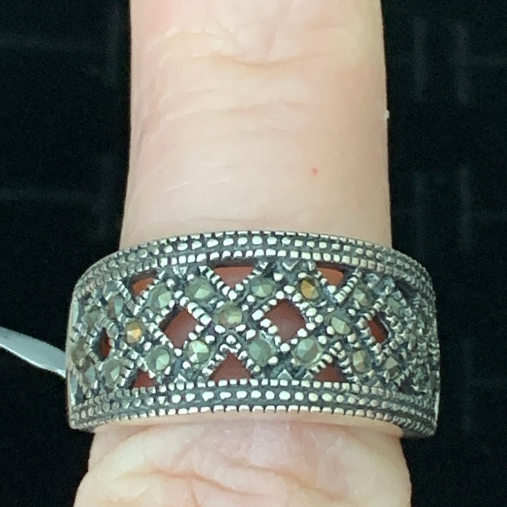 VTG 925 Sterling Silver Marcasite Lattice Wide Band Ring Size 7 Art Deco Gothic